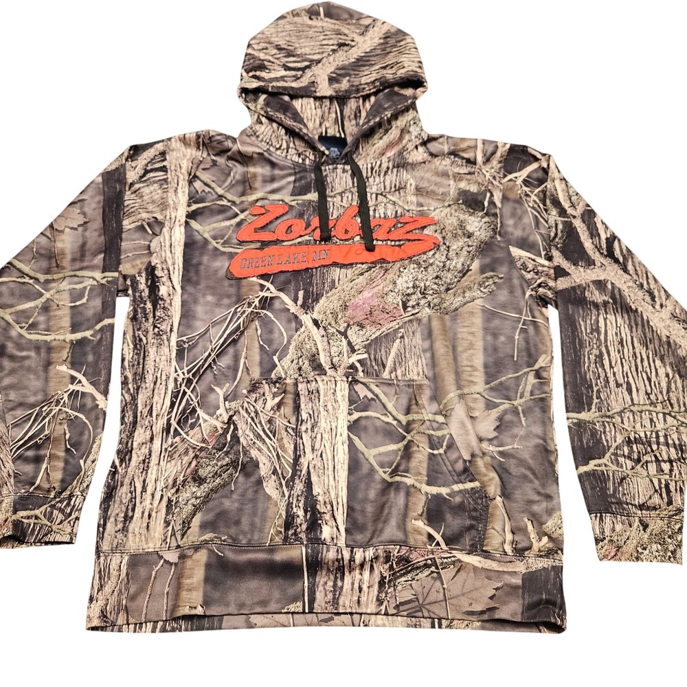 Zorbaz Camo Hoodie XL Brown Tree Print Northwoods Cabincore Minnesota Restaurant